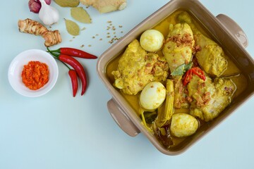 Opor ayam, chicken cooked in coconut milk from Indonesia, from Central Java, added with boiled...