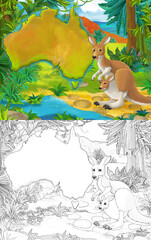 Cartoon sketch scene kangaroo with continent map - illustration