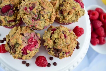 Raspberry banana chocolate chip muffins