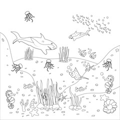 Underwater life, sea or ocean. Tropical fishes and algae. Doodle drawing anti-stress coloring books page for adults or children. Flat Vector Illustration