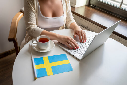Lonely woman freelancer with flag of  Sweden enjoying having breakfast with cup of coffee working on laptop sitting near window in cafe at morning.