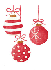 Red Christmas hanging baubles, watercolor