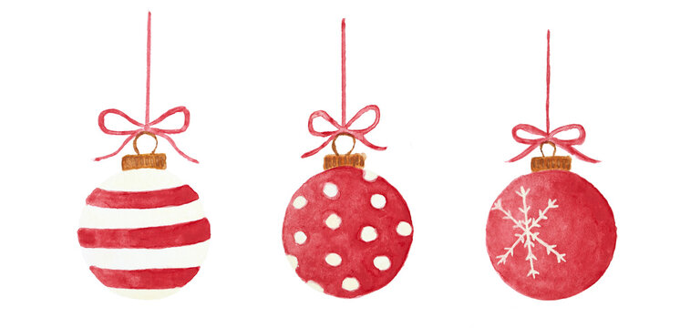 Three Christmas hanging baubles, watercolor
