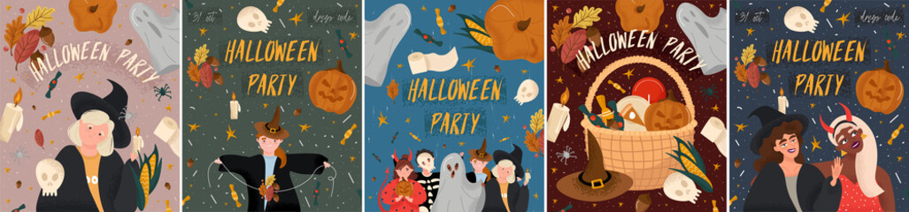 Happy Halloween. Big set of Halloween party posters in cartoon style. Bright vector posters with children in costumes of ghosts, devil, skeleton and witches. Pumpkin, ghost, leaves, sweets, stars.