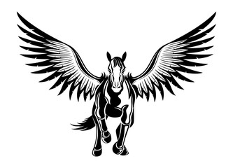 Black icon of flying pegasus on white background.