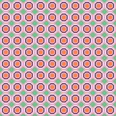 Vector seamless pattern texture background with geometric shapes, colored in pink, orange, black, green, white colors.