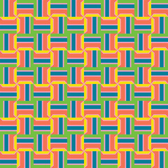 Vector seamless pattern texture background with geometric shapes, colored in green, blue, orange, pink, yellow colors.