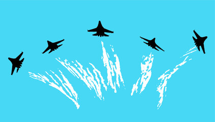 Aerobatic team with fighter aircrafts contrails. Vector silhouette