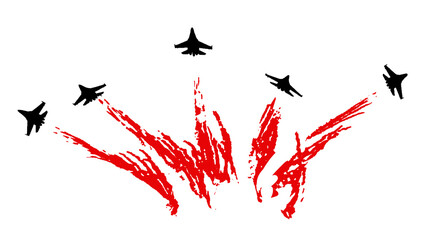 Aerobatic team with fighter aircrafts contrails. Vector silhouette