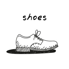 Shoe handdrawn icon. Cute cartoon vector illustration of black and white outlined mens shoe. Sketch with mens boot line illustration with shadow on the floor. Represents concept of men shoes fashion