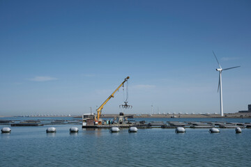 Fototapeta premium Large mussel farm is in the foreground fot the Storm surge barrier in Zeeland, Holland