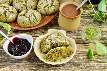 Homemade gluten free Matcha Pandesal. Served with hot chocolate