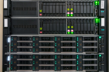 The front panel of hosting servers is in the datacenter. Modern hardware of the Internet provider....