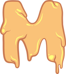 White Isolated flat vector M - letter in wax style. Waxing tech. Graffiti lettering. Liquid honey character. Pastel colors with outline and flare. Melted butter texture. Sign for banner design.