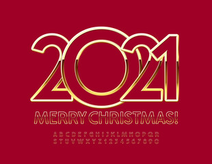 Vector decorative greeting card Merry Christmas 2021! Chic Red and Gold Font. Beautiful Alphabet Letters and Numbers set