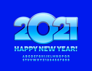 Obraz premium Vector modern greeting card Happy New Year 2021! Glossy Blue Font. Creative Alphabet Letters and Numbers set