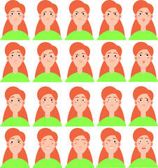 Options for emotions for animation. Rig for a cartoon. A girl with different facial expressions. Emotions. The character is shoulder-high. Red-haired girl in a green t-shirt.