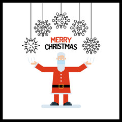 Santa Claus old man character in red with his hands up vector illustration. Coronavirus Merry Christmas Icons are arranged in a semicircle above the head