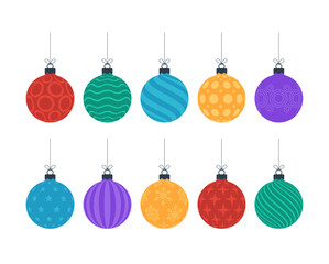 Flat colorful christmas ornate tree toys or balls hang on a thread isolated on white background, vector illustration. Collection of design elements for greeting cards, New Year banners.