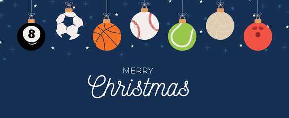 Sport Christmas greeting card. Christmas card with sport baseball, basketball, football, tennis, cricket, soccer, volleyball, bowling, billiard balls hang on a thread. Vector illustration. © lunarts_studio