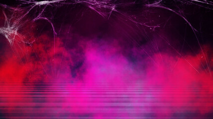 Dark background of the night city. Wooden tabletop, smoke, cobweb, bokeh. Halloween background. 3d illustration