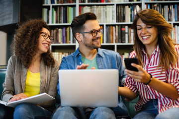 Student studying brainstorming library friends teamwork concept