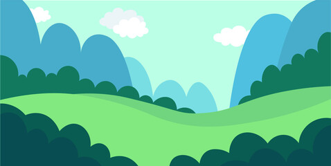 The background for the animation. Mountains, clouds, bushes, forest. Simple background, environment. Blue tint. Sky with clouds. Bright day.