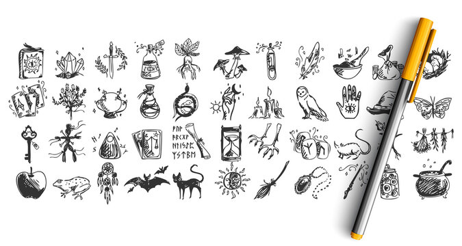 Halloween doodle set. Collection of hand drawn pencil sketches templates patterns of bats pumpkins owls creatures alchemic vodoo equipment. Illustration of all saints day and witchcraft symbols.