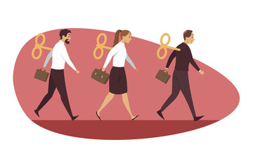 Fatigue, business, mental stress, frustration, management, routine concept. Depressed frustrated team group of businessmen woman clerks managers walking in line tired after work day illustration.