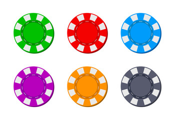 Poker chip for casino. Blackjack icon. Token for gambling. Logos isolated for game. Coins from Las Vegas for roulette. Bet in casino. Chips for entertainment in front on white background. Vector