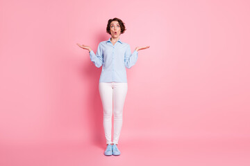 Full length body size view of her she nice attractive funky girlish skinny brown-haired girl waiting news sale discount looking up pout lips isolated over pink pastel color background