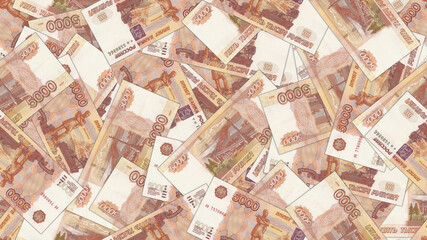 Illustration of a rectangular seamless pattern or wallpaper. Paper money of the Russian Federation. The largest denomination of a banknote in Russia. 5000 rubles scattered randomly in a mess