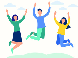young people are jumping with happiness. People are having fun, relaxing and having fun. Productive and successful teamwork, the concept of business ideas.
