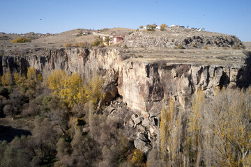 Top view of Ihlara valley at Cappadocia, Turkey. Amazing landscape view with old volcanic rocks in Ihlara valley. Beauty of nature.