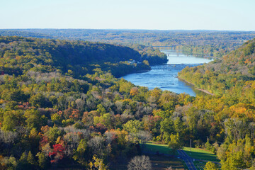 View of the Delaware River between Bucks County, Pennsylvania, and Hunterdon County, New Jersey, seen from the Bowman’s Hill Tower during foliage season