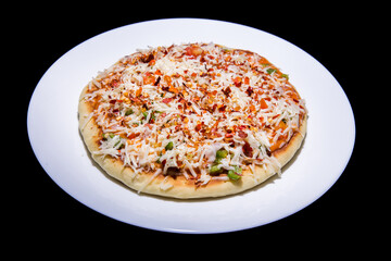 a full round cheese capsicum onion tomato flavor homemade pizza completely baked at home