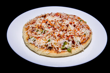 a full round cheese capsicum onion tomato flavor homemade pizza completely baked at home