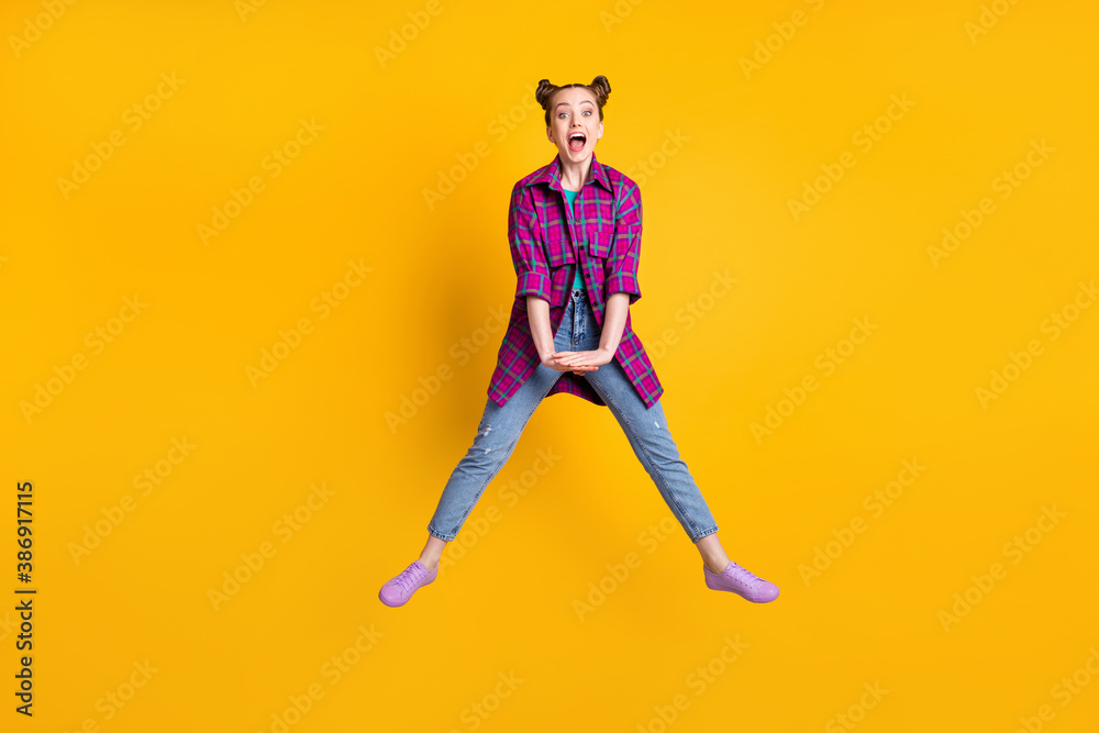 Sticker full size photo of pretty funky crazy excited teen lady jump up good mood rejoicing spread legs summ