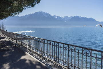 Vue sur le lac Leman et ses montagnes enneigées, ambiance brumeuse depuis Montreux, Suisse