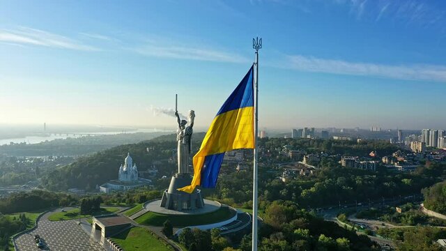 Kyiv - National flag of Ukraine by day. Aerial view. Kiev
