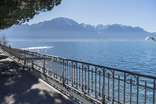 Vue sur le lac Leman et ses montagnes enneig&eacute;es, ambiance brumeuse depuis Montreux, Suisse