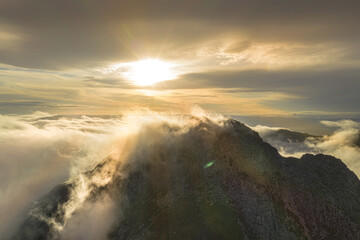 Tryfan mountain sunrise aerial view in Snowdonia National Park