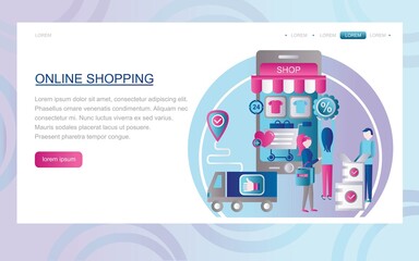 Online shopping. Banner, the concept of website development and mobile applications. Checkout. Vector illustration. Landing page template. Flat, modern design. Symbols for web page or home page.

