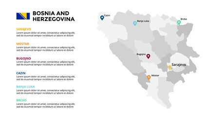 Bosnia and Herzegovina vector map infographic template. Slide presentation. Global business marketing concept. Color Europe country. World transportation geography data. 