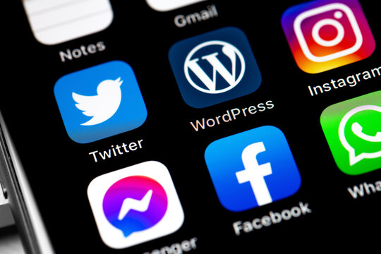 smartphone with mobile apps (Twitter, WordPress, Facebook, Instagram) on the screen. WordPress - open source site content management system. Moscow, Russia - August 15, 2020