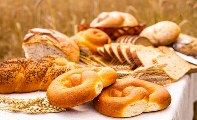 lot of different flavored bread, wheat, rye, on the table in the field outside
