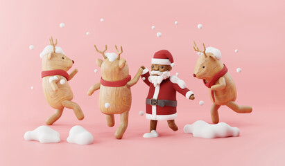 Cartoon 3d render of Santa Claus party with Reindeer.