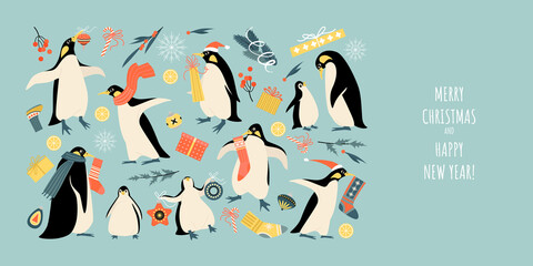 Obraz premium Vector banner for Christmas and New Year with funny penguins, decorations and gifts