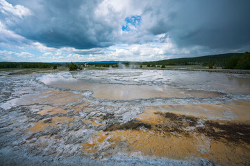 hydrothermal area of great fountain geyser in yellowstone national park, wyoming in the usa