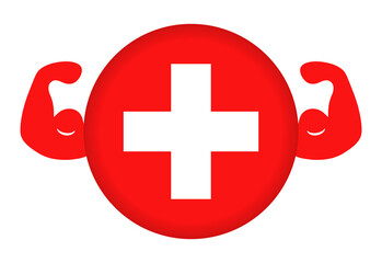 強いスイスのイメージイラスト（円形のスイス国旗と力こぶ）